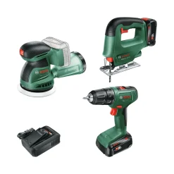 New Akkukonesarja Bosch DIY EasyDrill 18V-40 + EasySaw 18V-70 + EasyOrbit 18V-10 2x2,5 Ah akuilla Akkukonesarjat