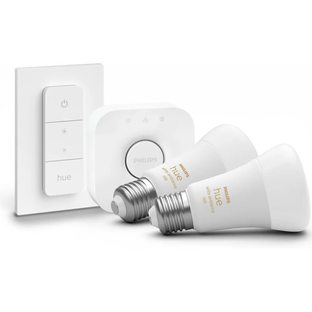 Aloituspakkaus White Ambiance, 2 x älylamppu 8W A60 E27, himmenin ja Hue-silta*Philips Hue Outlet