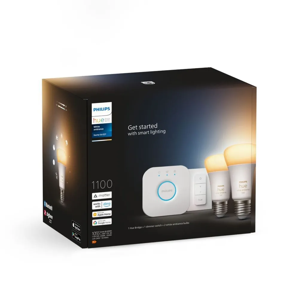 Aloituspakkaus White Ambiance, 2 x älylamppu 8W A60 E27, himmenin ja Hue-silta*Philips Hue Outlet