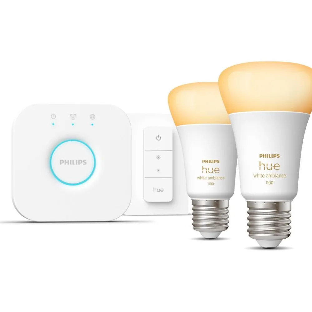 Aloituspakkaus White Ambiance, 2 x älylamppu 8W A60 E27, himmenin ja Hue-silta*Philips Hue Outlet