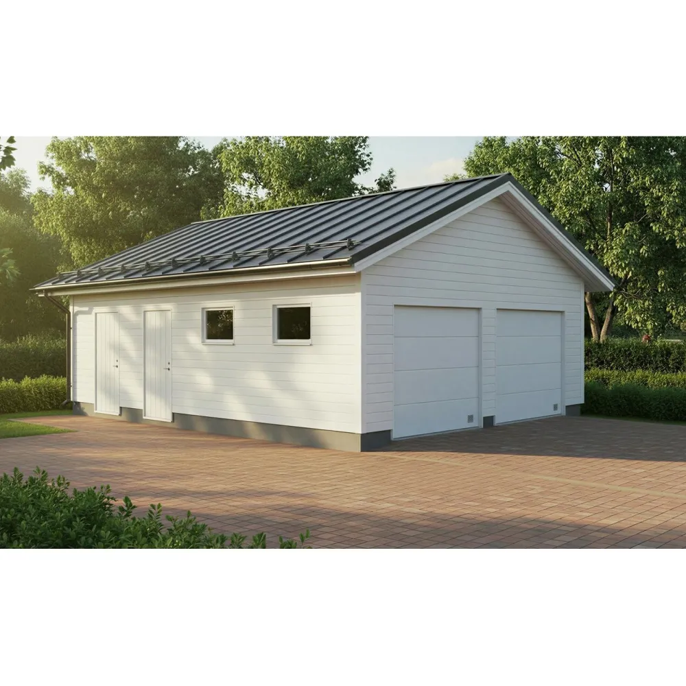 Autotallin runkopaketti, kahden auton kylmä talli varastolla, kerrosala 59,7 m²*Timburg Sale