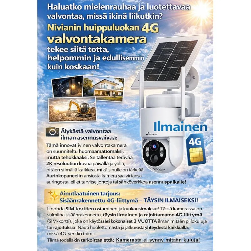 Clearance Dome-valvontakamera Nivian Tuya Smart, akulla ja aurinkokennolla, 4G (LTE) modeemilla + 3 vuoden ilmaisella, rajoittamattomalla internet yhteydellä Valvontakamerat|Hälytysjärjestelmät