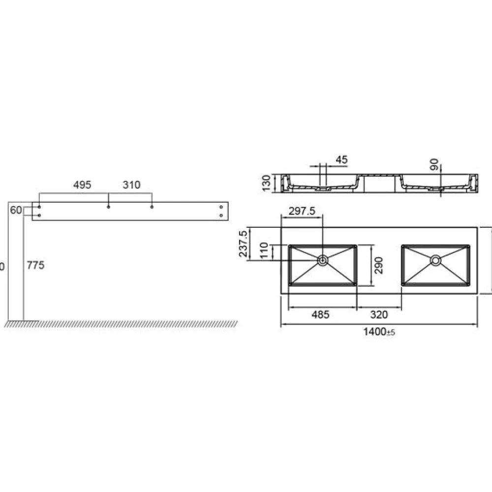 Kaksoispesuallas Solid SW5 1400x475 mm mattavalkoinen*Scandtap Best