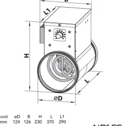 Kanavalämmitin NK 125-1.2-1 U, 125 mm/1.2 kW, integroitu termostaatti*Airsec Discount