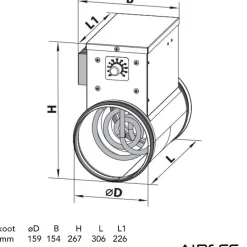 Kanavalämmitin NK 160-2.4-1 U, 160 mm/2,4 kW, integroitu termostaatti*Airsec