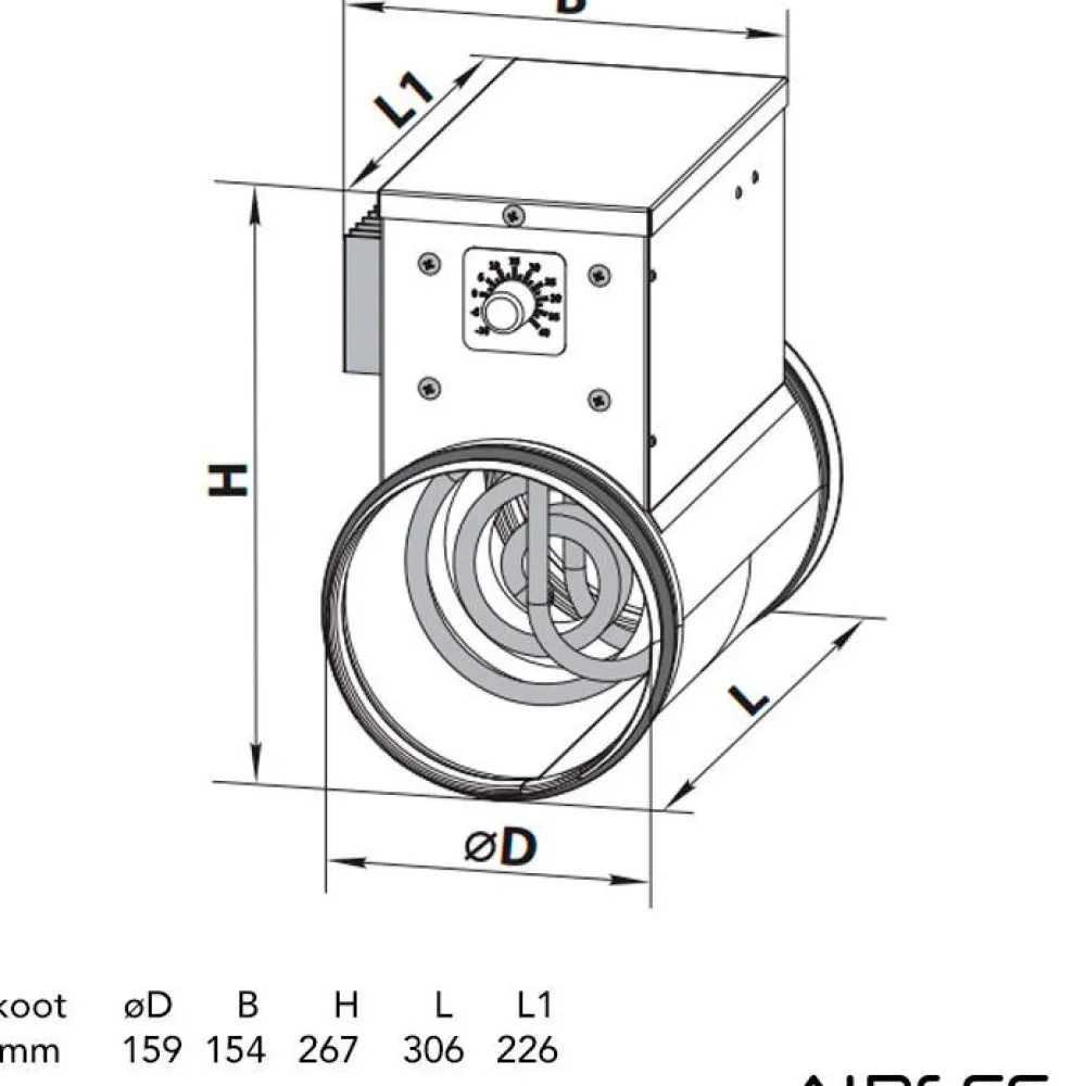 Kanavalämmitin NK 160-1.2-1 U, 160 mm/1.2 kW, integroitu termostaatti Ilmanvaihtokoneet, Lto