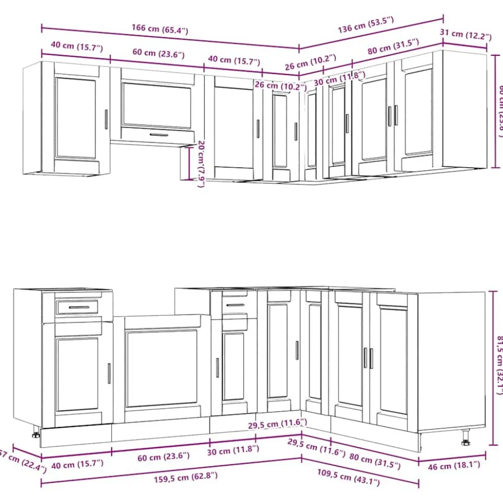 Clearance Keittiökaappisarja 11-osainen Porto, suunniteltu puu, eri värejä (43838) Valmiskeittiöt