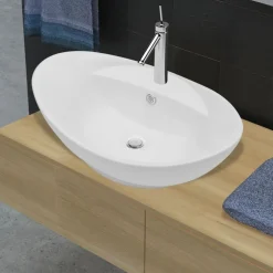 Outlet Keraaminen Pesuallas Soikea Ylivuotoaukolla & Hanareiällä Malja-Altaat