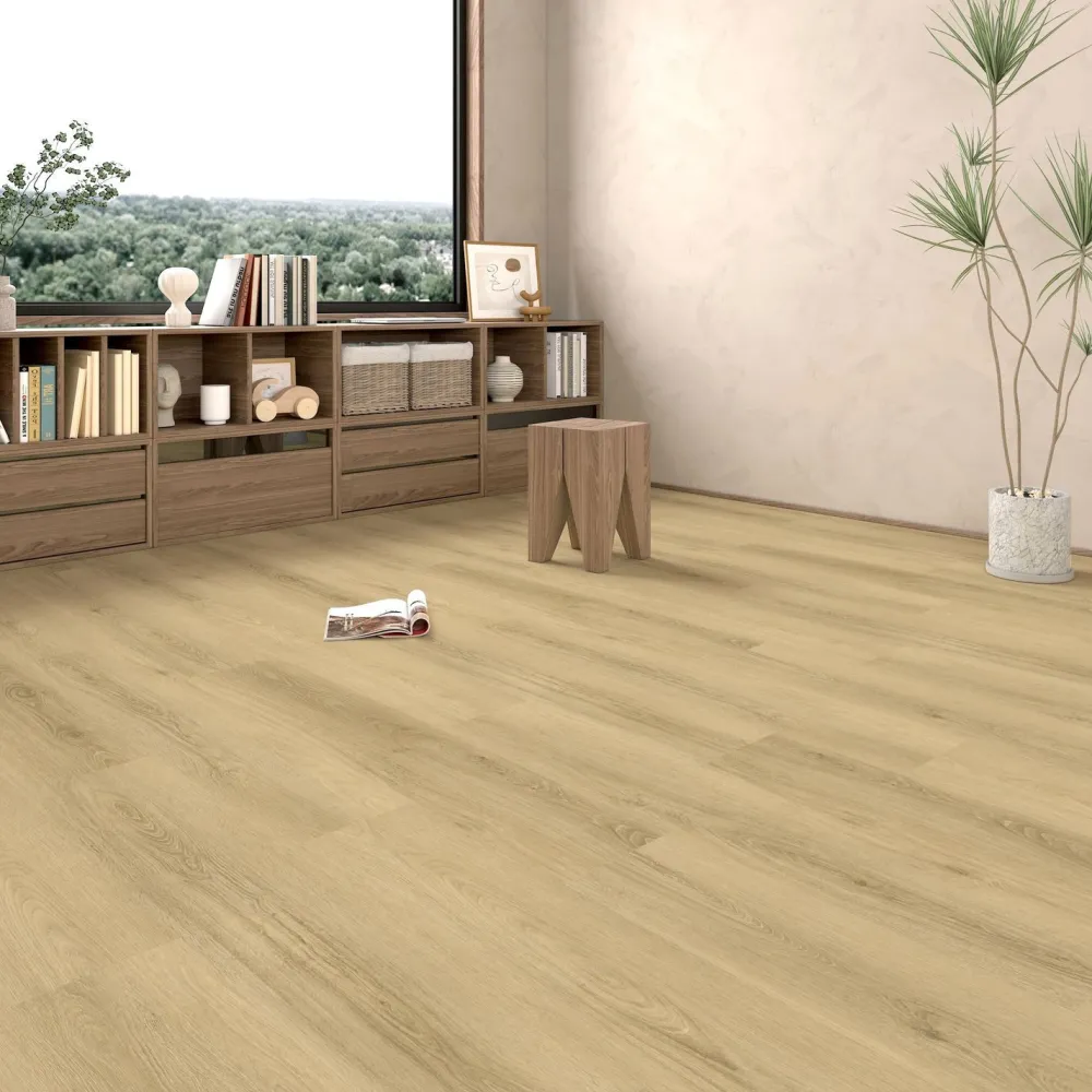 Kivikomposiittivinyylilankku Vetehisen valkotammi, integroitu askeläänieriste*DomusFlooring Hot