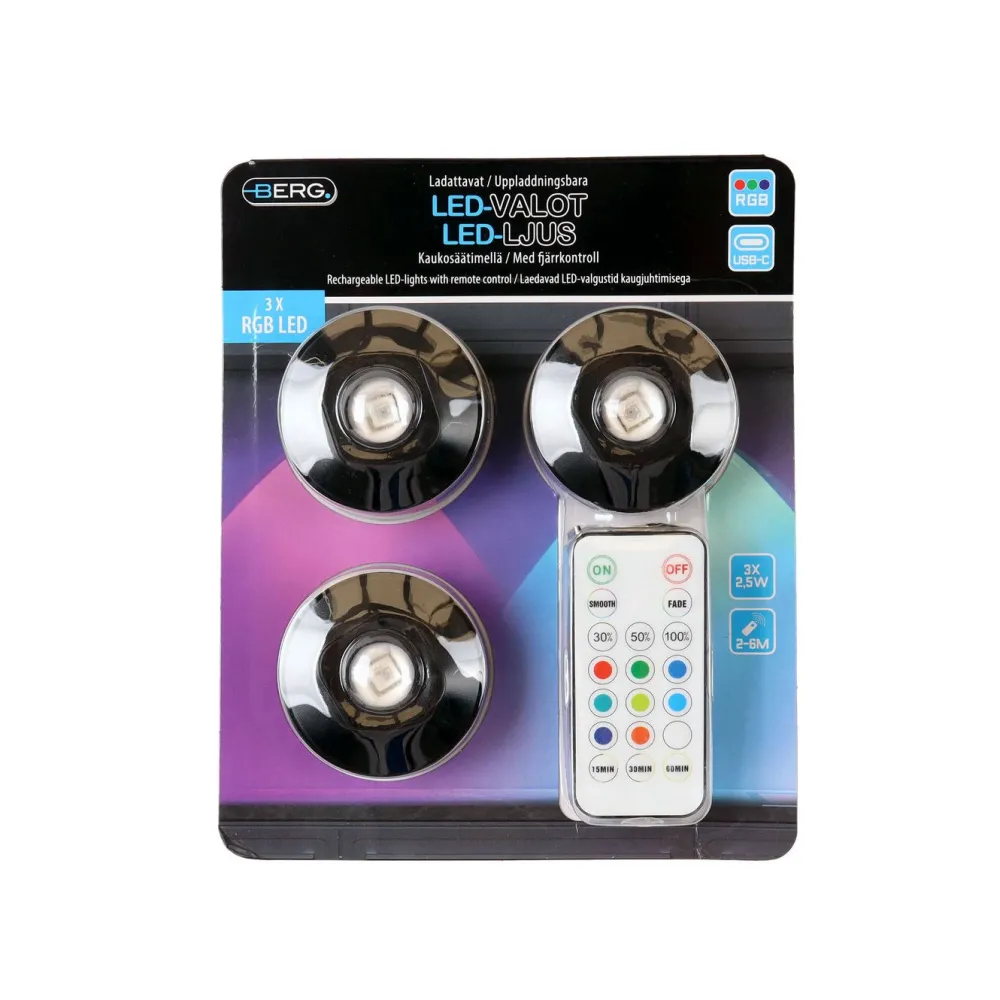 Discount Kohdevalaisin RGB LED ladattava, 3 kpl, musta Keittiövalaisimet