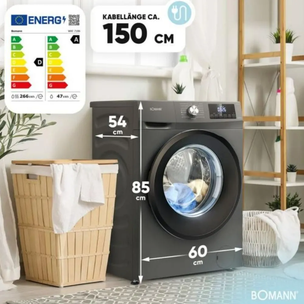 Kuivaava pyykinpesukone WAT7186T, 60cm, musta*Bomann Clearance