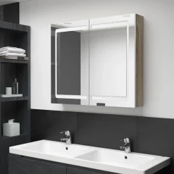 Kylpyhuoneen LED-peilikaappi, valkoinen ja tammi, 80x12x68cm*FinePRICE Online