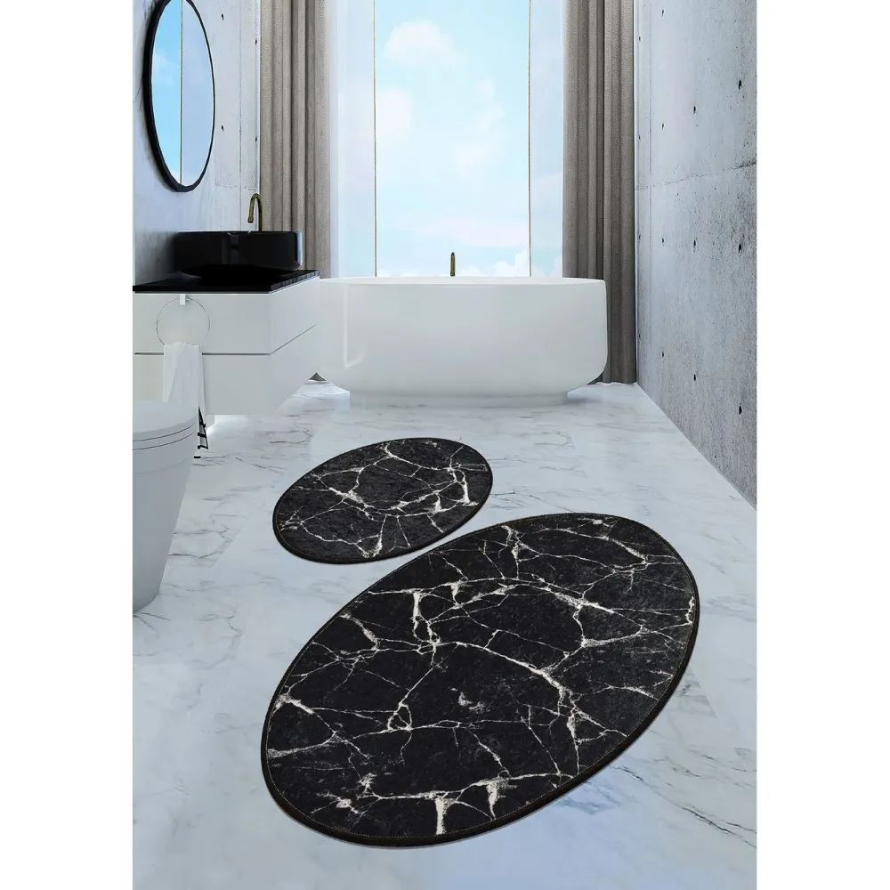 Kylpyhuonemattosetti Marble Oval, 2kpl, musta*Linento Best