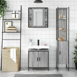 Kylpyhuoneryhmä 3-osainen, sis. allaskaappi + peilikaappi, harmaa Sonoma tekninen puu (14743)*FinePRICE Outlet