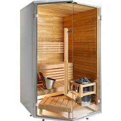 Kylpyhuonesauna Sirius Formula 1240x1240mm eri materiaaleja lämpökäsitelty panelointi kulmamalli*Harvia Best