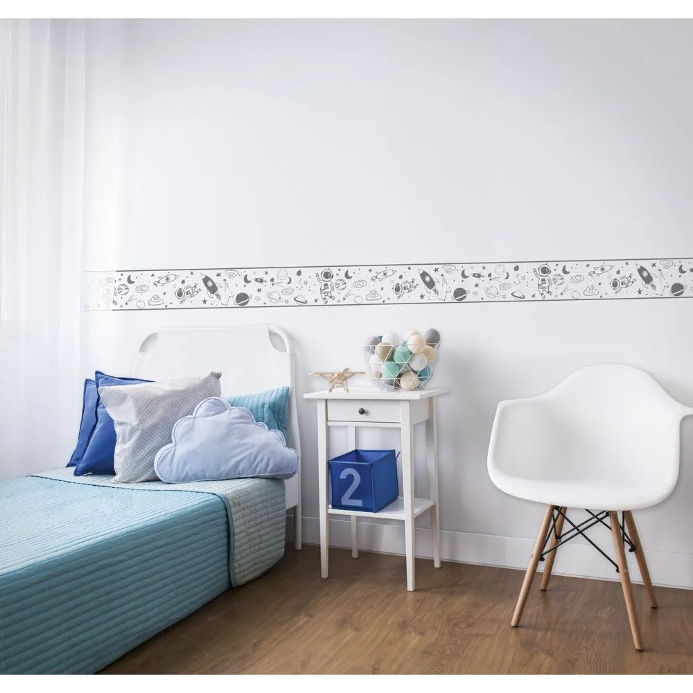 Lastenhuoneen boordi Kids Walls 45851, vinyylipinta, 0.18x5m, avaruus, harmaa*Tapetit.fi Outlet