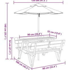 Lasten piknikpöytä 4 lapselle aurinkovarjolla täysi kuusi (81617)*FinePRICE Sale