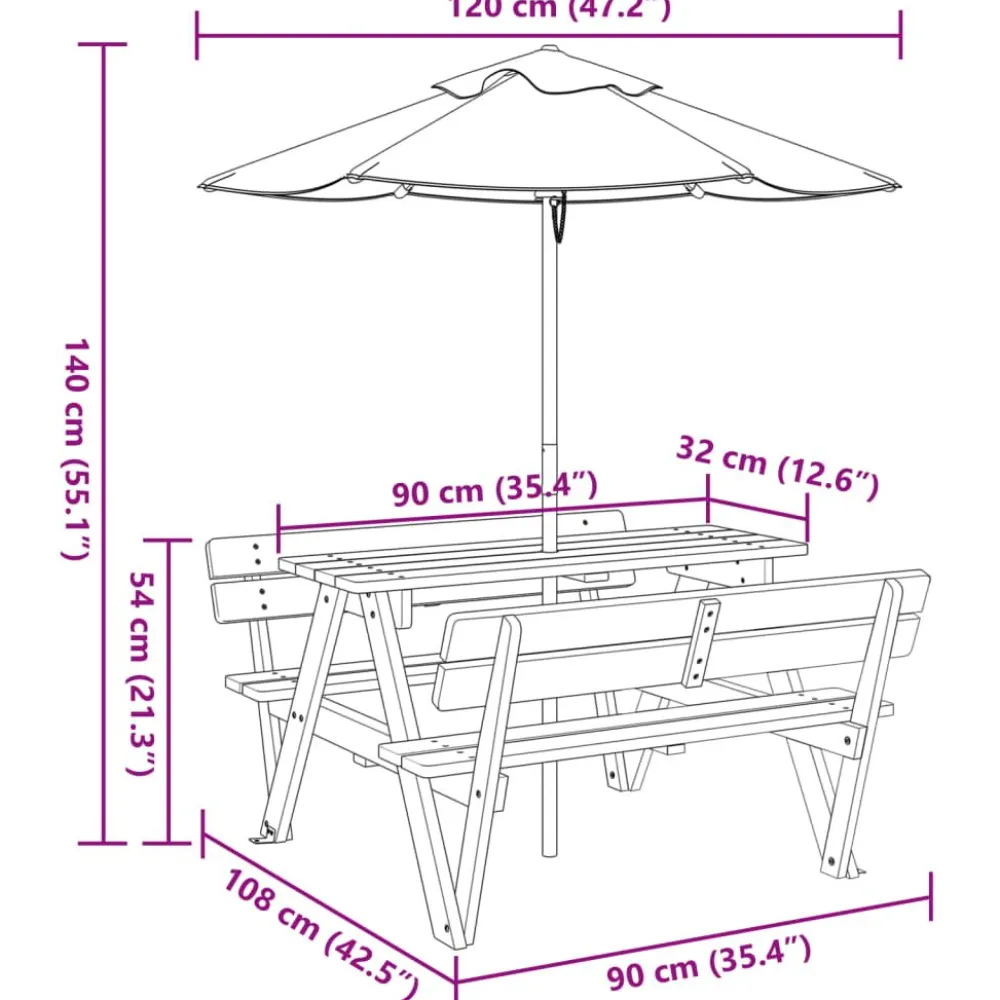 Lasten piknikpöytä 4 lapselle aurinkovarjolla täysi kuusi (81619)*FinePRICE New