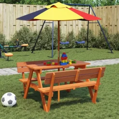 Lasten piknikpöytä 4 lapselle aurinkovarjolla täysi kuusi (81619)*FinePRICE New
