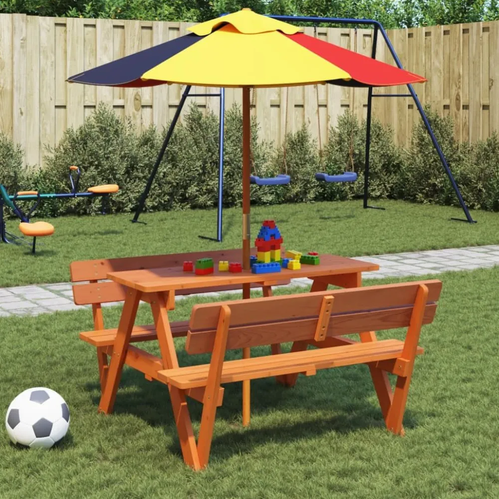 Lasten piknikpöytä 4 lapselle aurinkovarjolla täysi kuusi (81619)*FinePRICE New