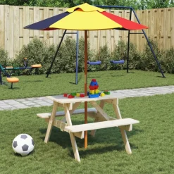 Lasten piknikpöytä 4 lapselle aurinkovarjolla täysi kuusi (81613)*FinePRICE Discount