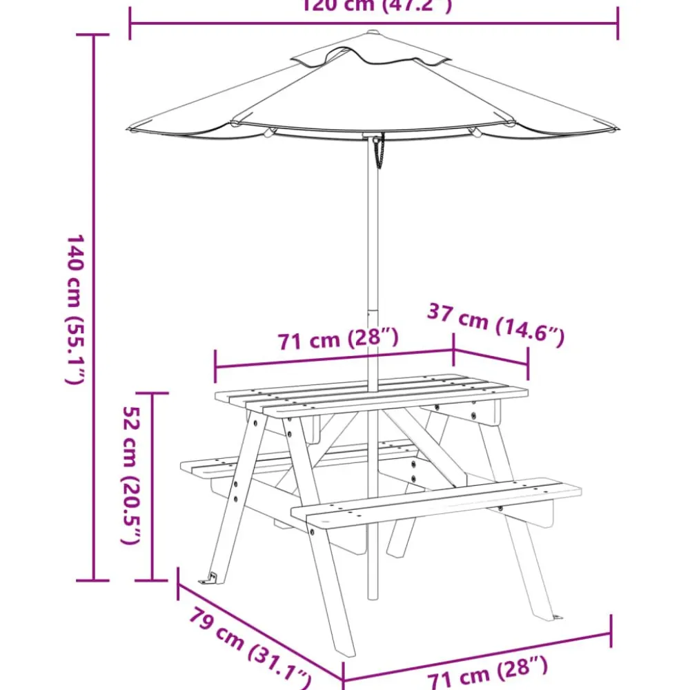 Lasten piknikpöytä 4 lapselle aurinkovarjolla täysi kuusi (81613)*FinePRICE Discount