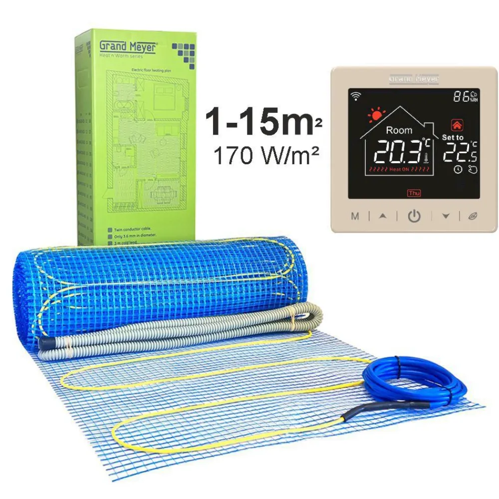 Lattialämmitysmatto 1 m², 170 W/m² + Wi-Fi termostaatti SN-15, eri kokoja*Grand Meyer Hot