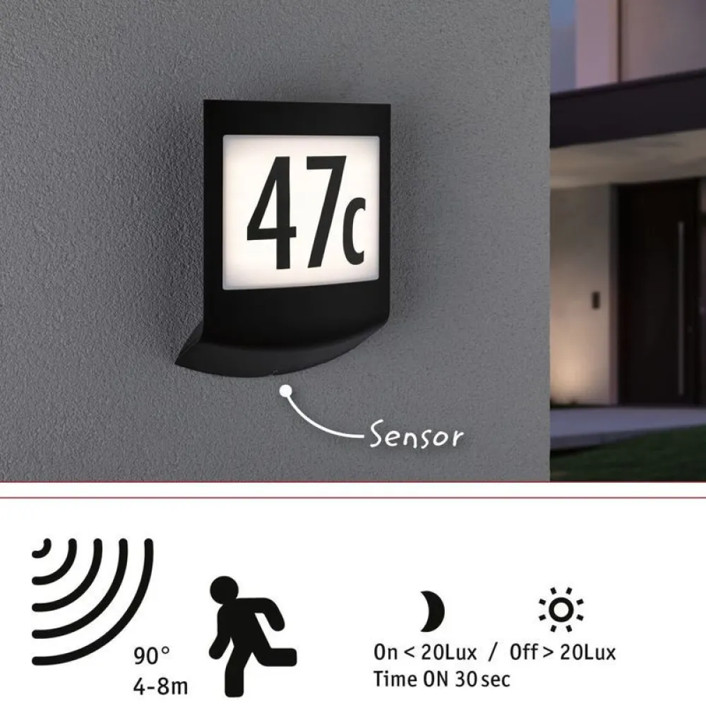 LED-numerovalaisin liike- ja hämärätunnistimella Padea, Smart Home Zigbee 3.0, IP44, antrasiitti*Paulmann Clearance