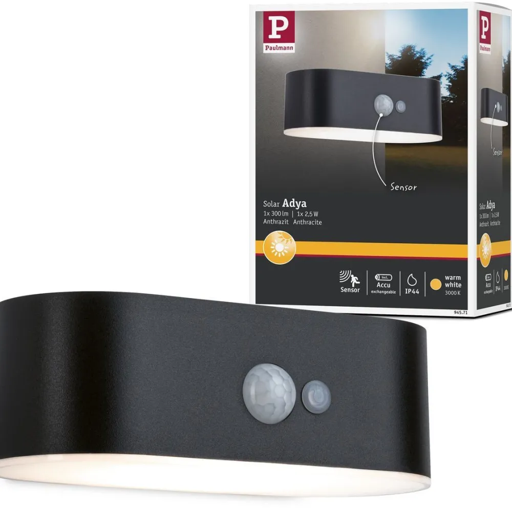 LED-ulkoseinävalaisin aurinkokennolla Adya, IP44, 3000K, liiketunnistin, musta*Paulmann Best