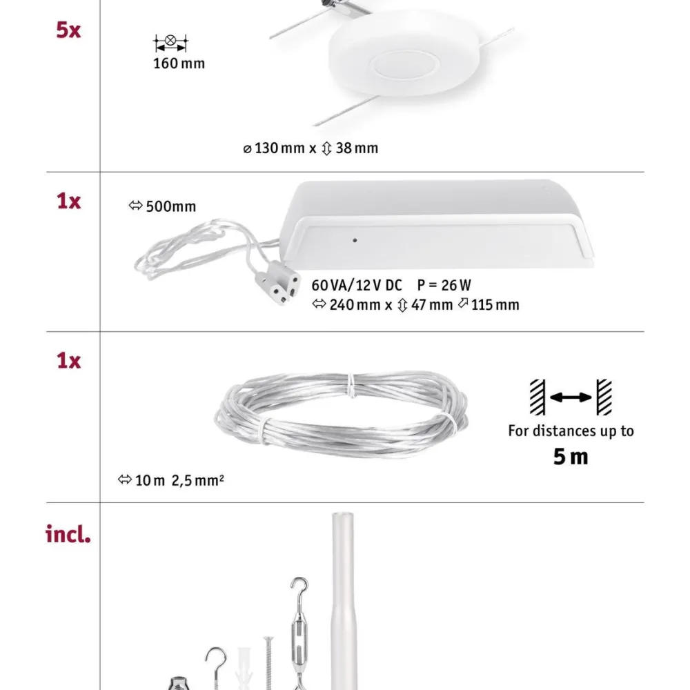 LED-Vaijerivalaisinsetti Disc 5 valaisinta + muuntaja + vaijeri 3000K kromi*Paulmann Outlet