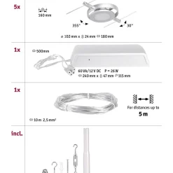 Clearance LED-Vaijerivalaisinsetti RoundMac 5 valaisinta + muuntaja + vaijeri eri värejä Vaijerivalaisimet