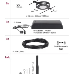 Clearance LED-Vaijerivalaisinsetti RoundMac 5 valaisinta + muuntaja + vaijeri eri värejä Vaijerivalaisimet