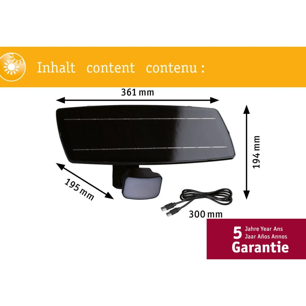 LED-valonheitin aurinkokennolla Solar Flotas, hämäräohjattu liiketunnistin (HF), IP65, 3000K, 700lm, antrasiitti*Paulmann Clearance