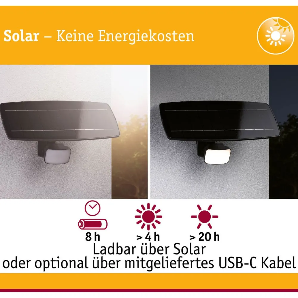 LED-valonheitin aurinkokennolla Solar Flotas, hämäräohjattu liiketunnistin (HF), IP65, 3000K, 700lm, antrasiitti*Paulmann Clearance