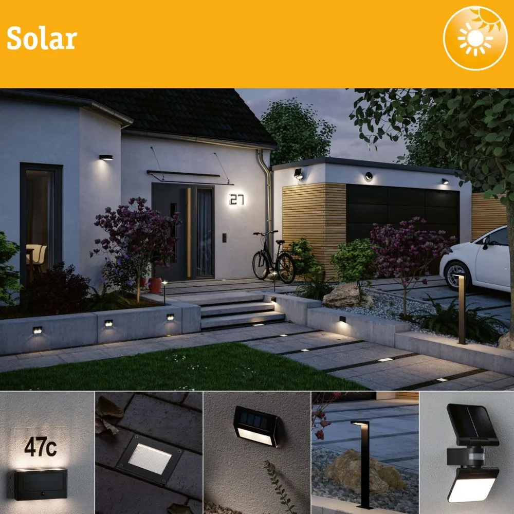 LED-valonheitin aurinkokennolla Solar Flotas, hämäräohjattu liiketunnistin (HF), IP65, 3000K, 700lm, antrasiitti*Paulmann Clearance