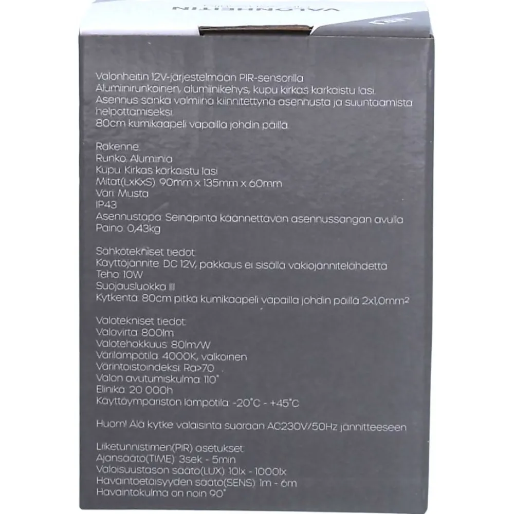 LED-valonheitin 10 W 12 V 800 lm 4000 K IP43 0,8 m kumikaapeli PIR-sensori*LED Energie Outlet