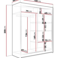 Clearance Liukuovivaatekaappi CAMINO I, LED-valaistuksella, peilillä, 150x200cm Liukuovikaapit