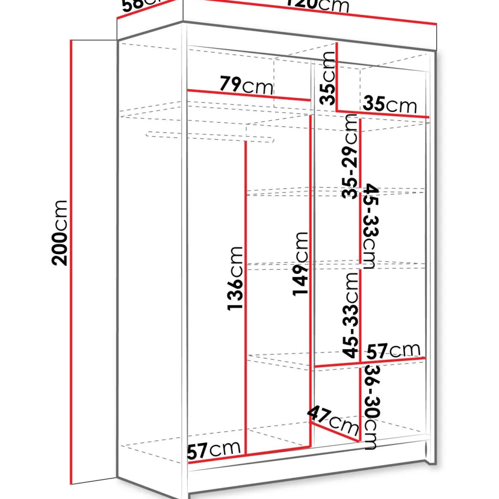 Liukuovivaatekaappi MIAMI / ALDO VI, LED-valaistuksella, peilillä, 120x200cm*Nomla Online
