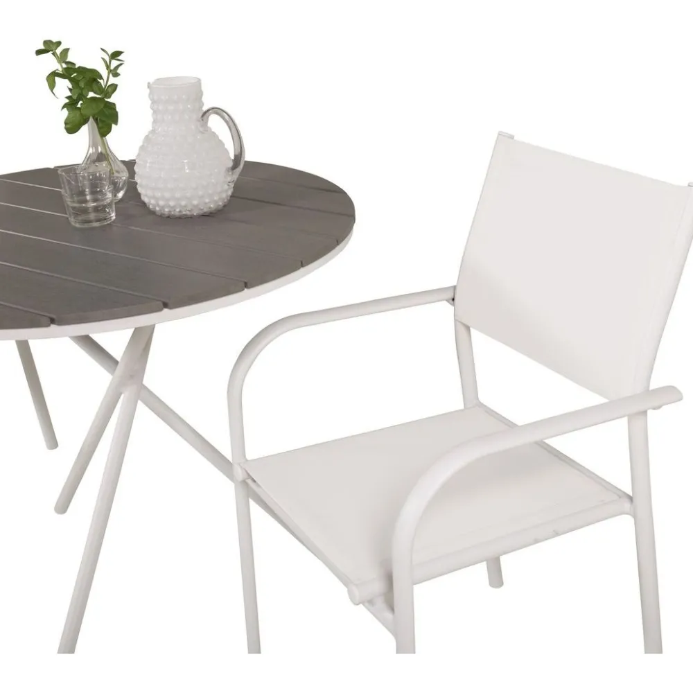 Parvekeryhmä , ø90cm harmaa-valkoinen Parma-pöytä + 2 valkoista, pinottavaa Santorini-tuolia*Venture Home New
