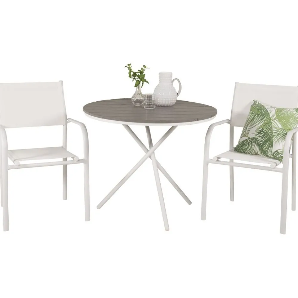 Parvekeryhmä , ø90cm harmaa-valkoinen Parma-pöytä + 2 valkoista, pinottavaa Santorini-tuolia*Venture Home New
