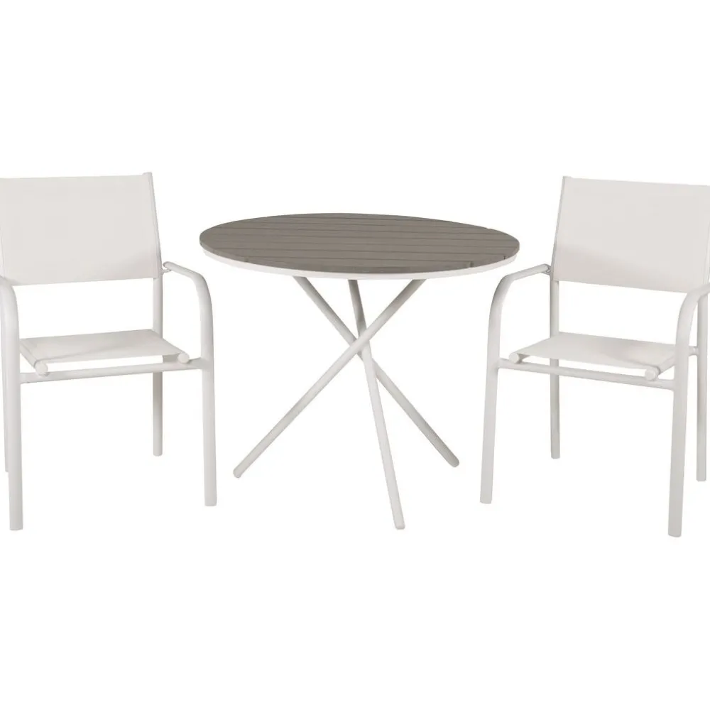 Parvekeryhmä , ø90cm harmaa-valkoinen Parma-pöytä + 2 valkoista, pinottavaa Santorini-tuolia*Venture Home New