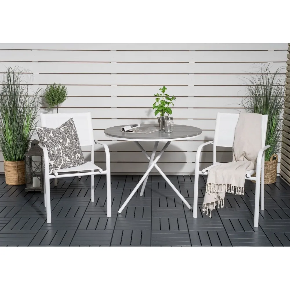 Parvekeryhmä , ø90cm harmaa-valkoinen Parma-pöytä + 2 valkoista, pinottavaa Santorini-tuolia*Venture Home New