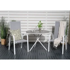 Parvekeryhmä , ø90cm harmaa-valkoinen Parma-pöytä + 2 harmaa-valkoista, pinottavaa Copacabana-tuolia*Venture Home New