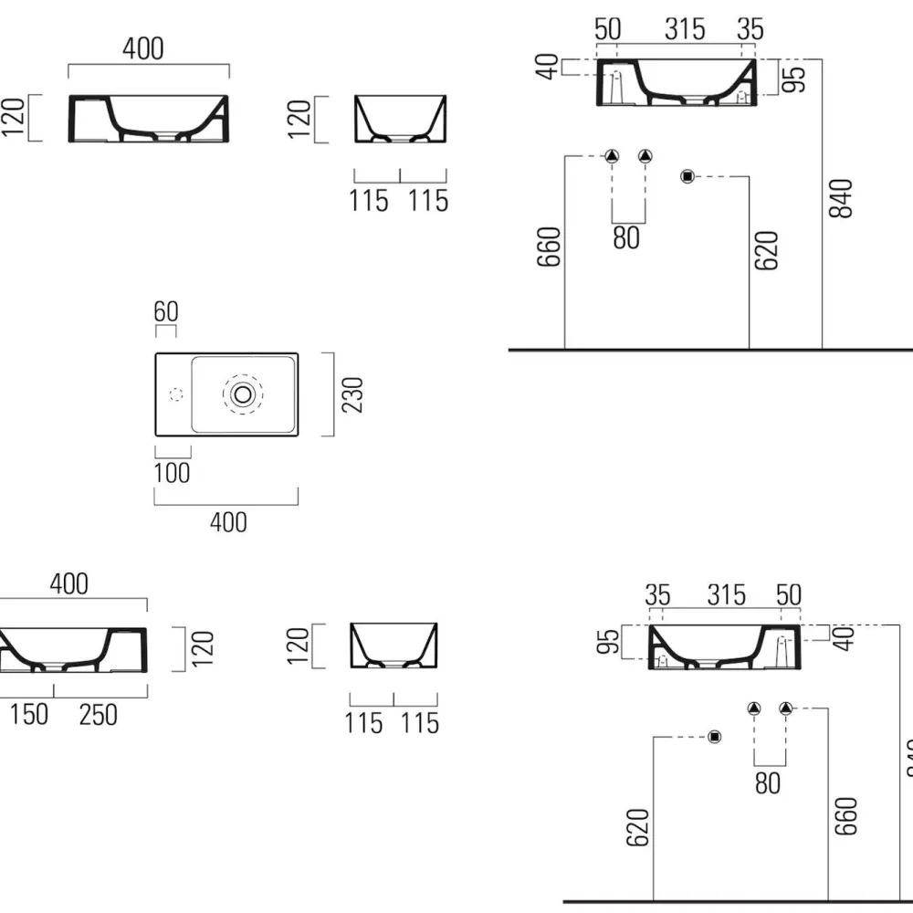 Best Pesuallas Kube X 400x230 mm, hanareiällä, oikea/vasen, valkoinen Seinään Kiinnitettävät Altaat|Pesualtaat Tason Päälle