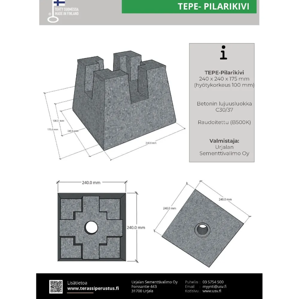 Pilarikivi TEPE 240x240x175 mm ponttirakenteella harmaa (hyötykorkeus 100 mm) Perustus Ja Maanrakennus