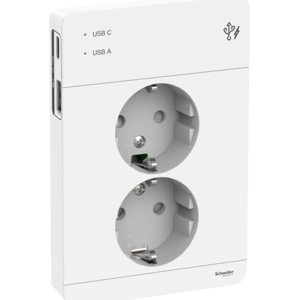 Pistorasia Exxact 2-osainen peitelevyllä + 2x USB lataus A+C 3A valkoinen*Schneider Electric