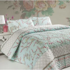Päiväpeitto + tyynyliina Birdcage, 160x220cm + 50x70cm, turkoosi*Linento Online