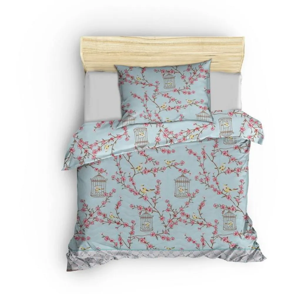 Päiväpeitto + tyynyliina Birdcage, 160x220cm + 50x70cm, turkoosi*Linento Online