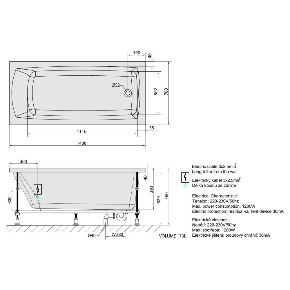 Poreamme Lily Highline Hydro, 1400x700x390mm, 173l, valkoinen*Interia Outlet