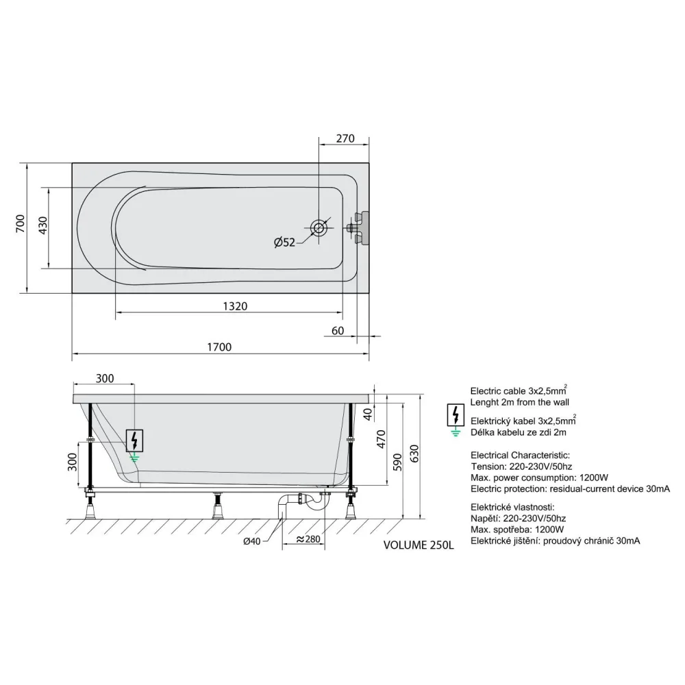 Poreamme Lisa Highline Hydro, 1700x700x470mm, 250l, valkoinen*Interia Best